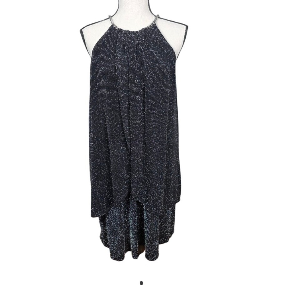 SLNY Halter Cocktail Dress Womens 12 Black Metallic Beaded Neck Layered Evening